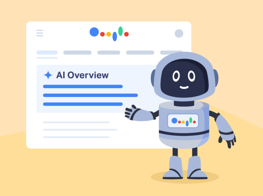 Illustration of a robot showing AI Overview in search results, representing Answer Engine Optimization in 2025.