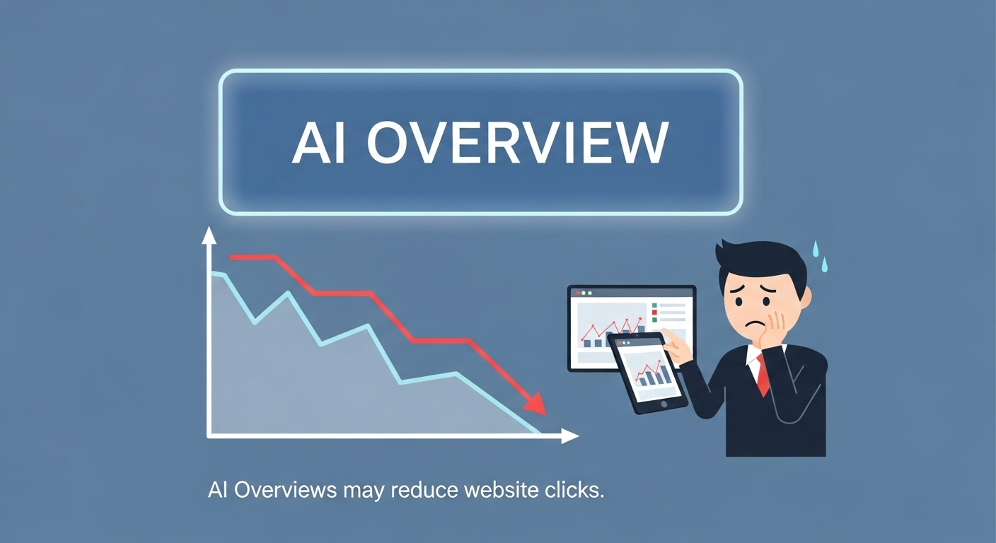 Infographic of a website owner looking at declining traffic graphs as AI Overviews reduce clicks.