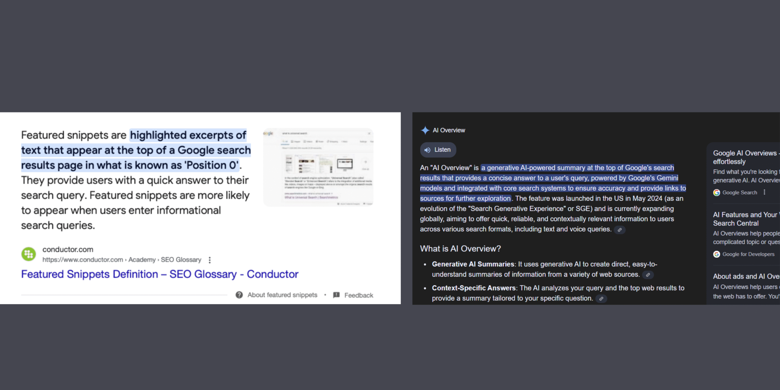 Side-by-side Google search results showing a short featured snippet box versus a longer AI Overview box.