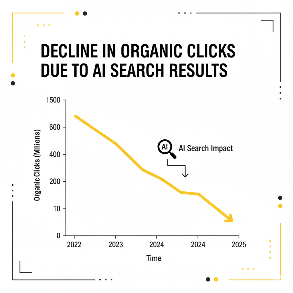 Line graph showing decline in organic search clicks caused by AI-powered search results in SEO in 2025