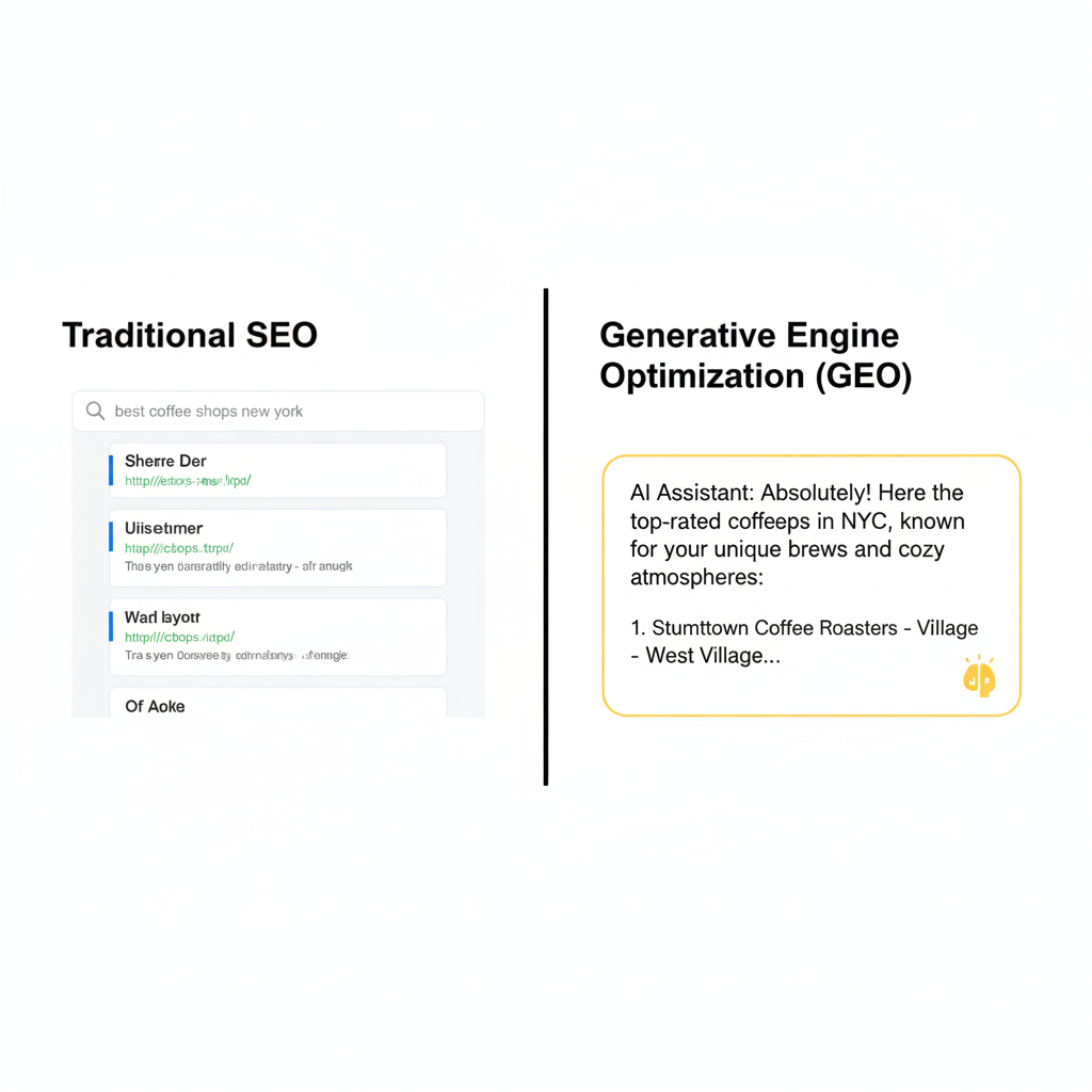 Comparison infographic showing differences between traditional SEO and Generative Engine Optimization GEO in AI search results