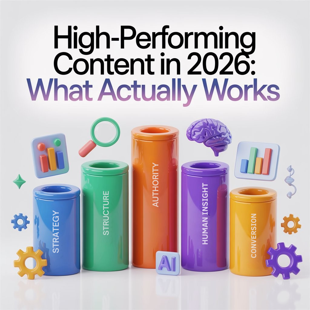 High-performing content in 2026 framework showing strategy, structure, authority, human insight and conversion pillars