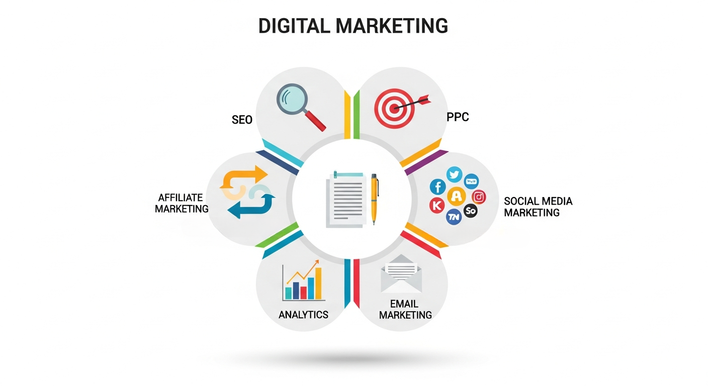 Key areas covered in a Digital Marketing Course in Thrissur 2026 including SEO, PPC, social media marketing, and content strategy