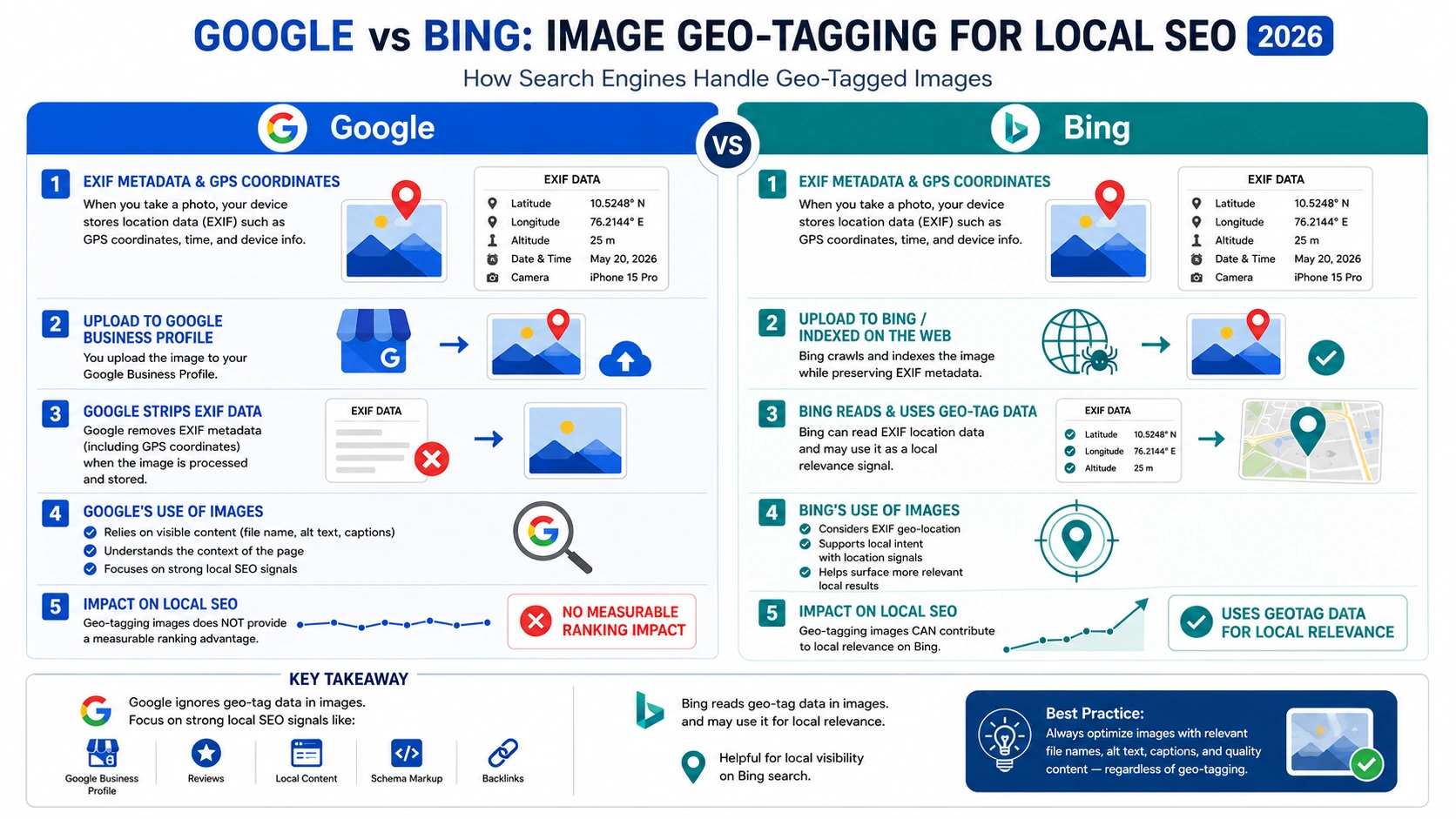 Infographic comparing how Google and Bing use geo-tagged images for local SEO in 2026, showing EXIF metadata, GPS coordinates, Google Business Profile uploads, and ranking impact differences.