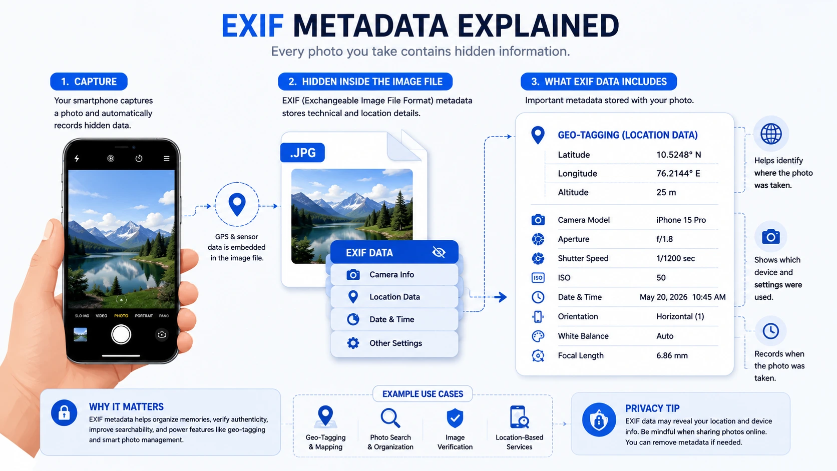 Educational infographic explaining EXIF metadata inside image files, including GPS coordinates, latitude, longitude, altitude, camera model, timestamp, and geo-tagging information from smartphone photos.
