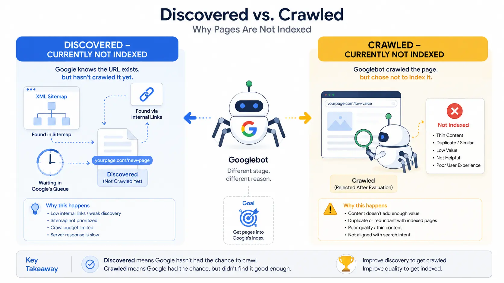 Split comparison infographic showing the difference between 'Discovered – Currently Not Indexed' and 'Crawled – Currently Not Indexed' in Google Search Console, featuring Googlebot, XML sitemap, internal links, content quality evaluation, and indexing workflow.